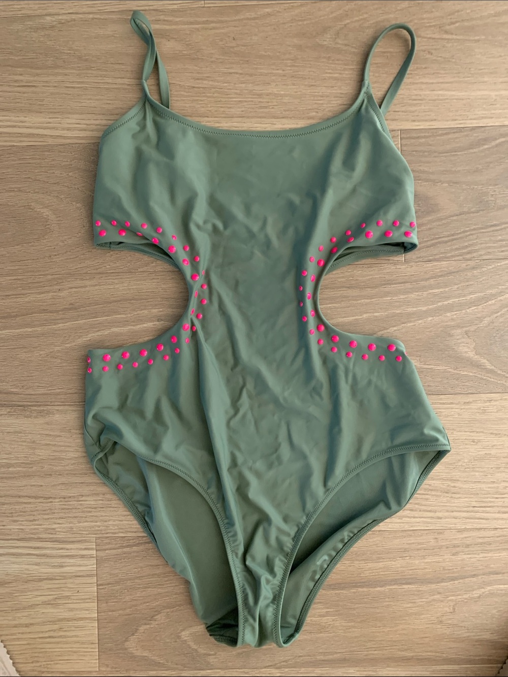 NWOT aerie Olive Green Cutout One-Piece Swimsuit with Hot Pink Studs